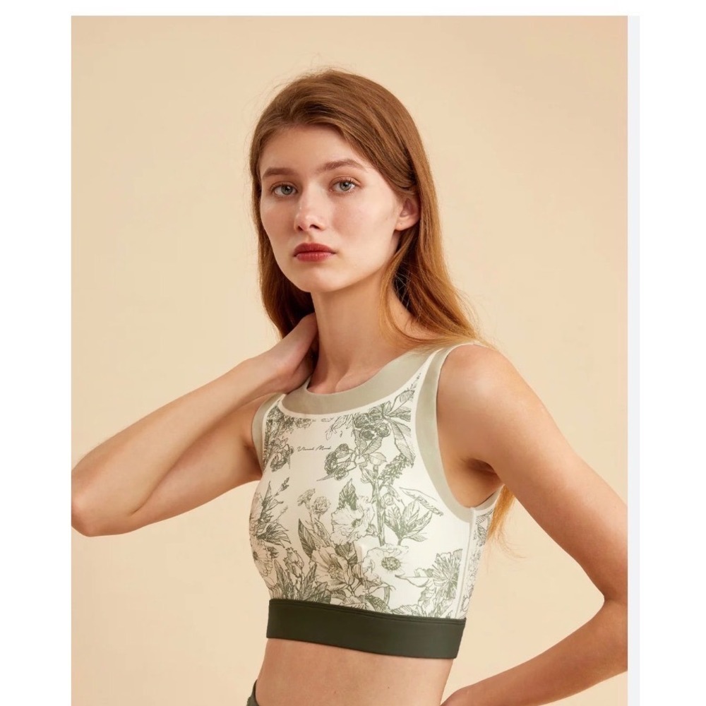 Visual Mood Sports Bra Small Sage Green Excellent Floral Keyhole Back Activewear